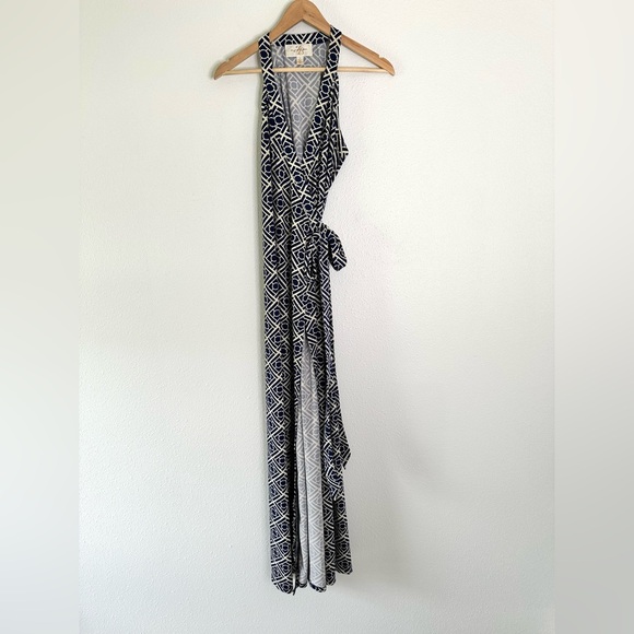 JB Julie Brown wrap dress Maxi S Blue White Bamboo Print - Picture 3 of 8